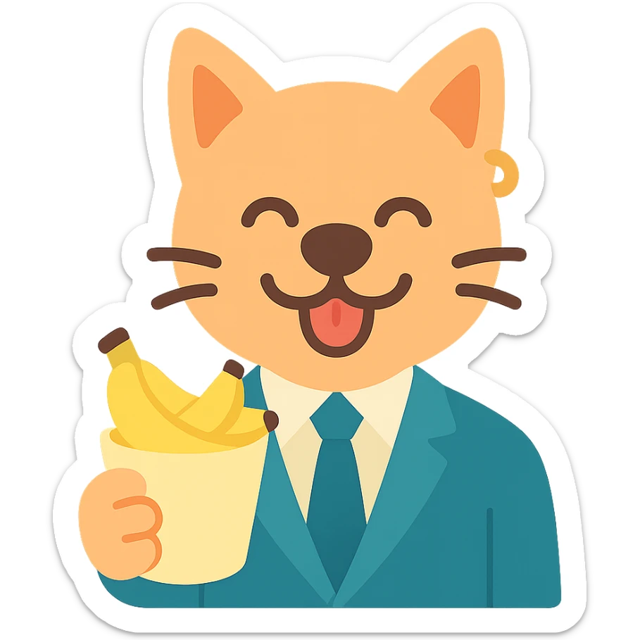cat with a dog nose, wearing a suit, earring, holding a cup of bananas, playful expression sticker