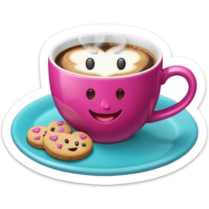 cup of coffee, steaming, the smoke should come out in the shape of a heart, the color of the cup is fuchsia, the cup has a happy face printed on it, the cup rests on a turquoise blue plate, and there are cookies and sugar cubes around the cup. sticker