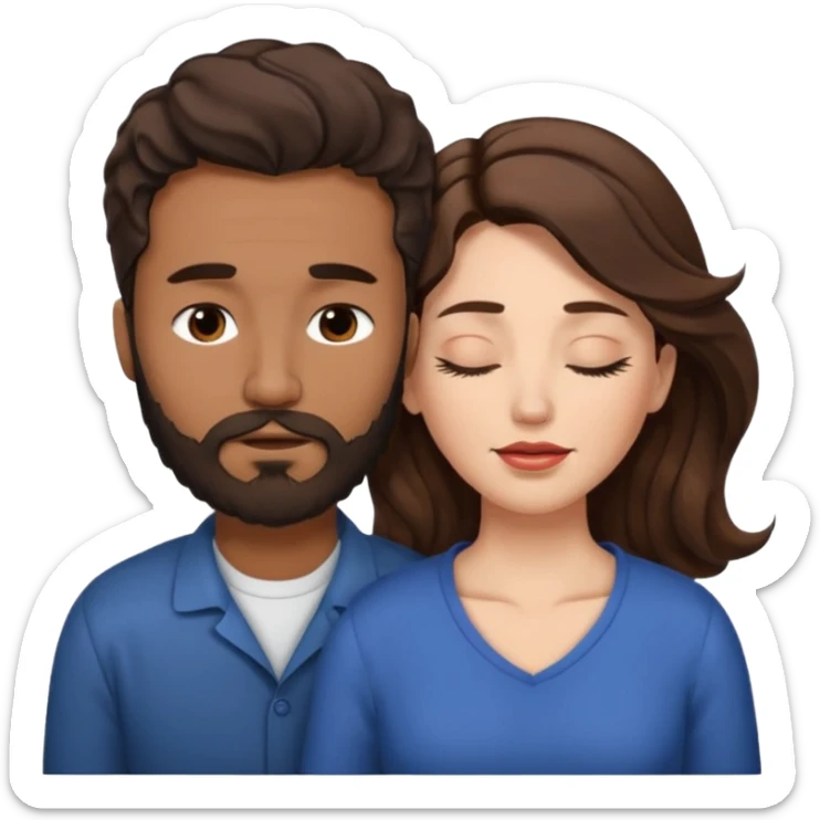 White woman (brown hair with eyes closed) and brown man with black wavy hair (has a a beard with his eyes closed too),The woman has her lips on the forehead of the man. sticker