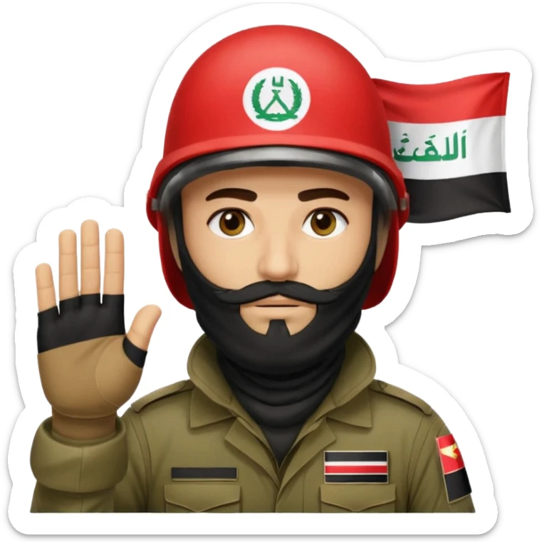 surrenders, depicts an Iraqi soldier from 1980, with a beard, in a helmet, a helmet with sign flag Iraq, with a balaclava, with sad eyes and both hands raised up sticker