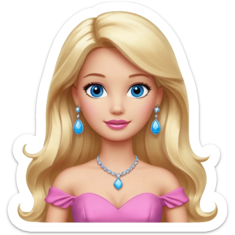 barbie, long blonde hair, pink dress, with blue eyes,different dress,ear rings, jewelary. sticker