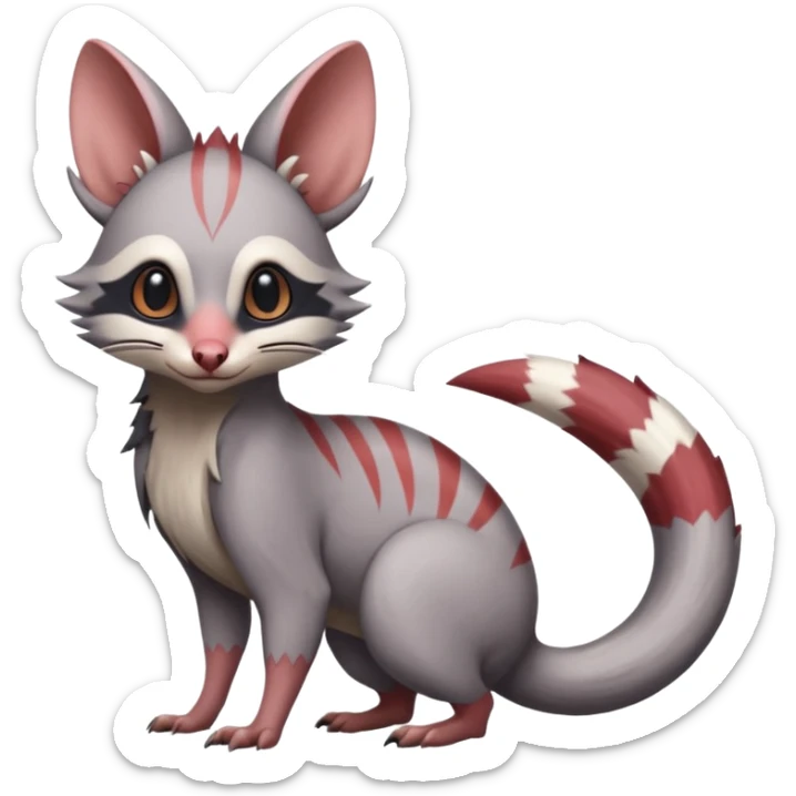 Minccino-Opossum-Numbat-Lykoi-Sphynx-Zangoose-fusion-hybrid-animal-Fakémon-creature, full body, thin long sleek scaly tail, intricate markings sticker