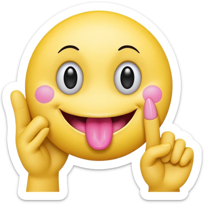 The image is a digital illustration of a yellow smiley face with big, round eyes and a big smile. The face is holding a pink tongue sticking out and making a 67 with its fingers. Above the face, The background is white. Like this but get rid of the text but make the hands do the numbers 67 sticker