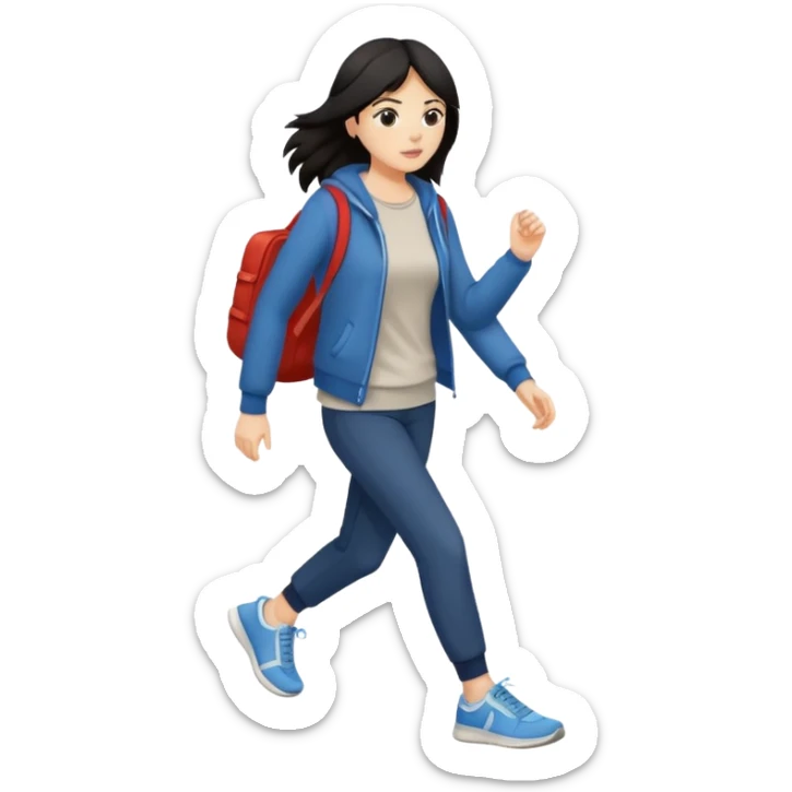 iOS emoji style - a dark haired woman in casual clothes and wearing trainers. Walking quickly. She does not have a bag or backpack.

 sticker