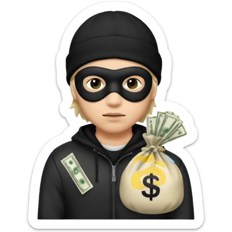 robber wears black eye mask and black beanies with money bag beside him sticker