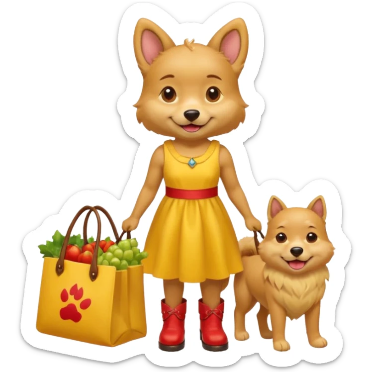 smiling-dog-in-a-yellow-dress,-red-boots,-carrying-a-market-bag sticker