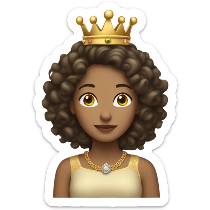 A brunette woman with curly hair, wearing a queen’s crown sticker