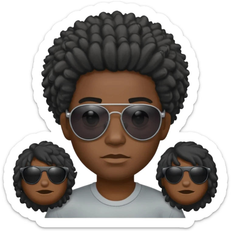 Un garçon,de couleur noir avec des lunettes de soleil grise,il a des cheveux crépus et au dessus de sa tete il est écrit BOUSS  sans qu’on voit ses yeux sticker