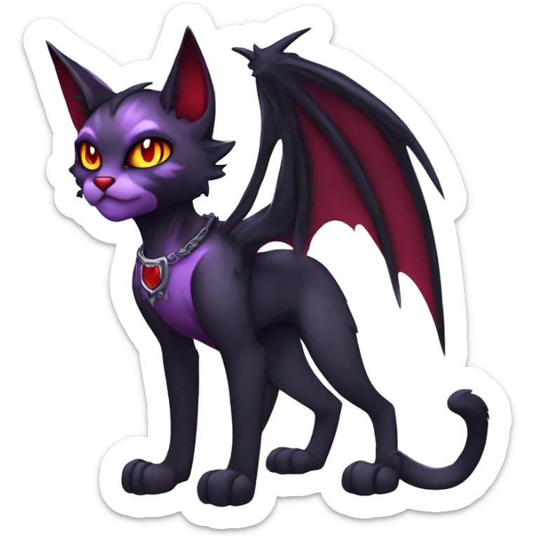 Anthro-Cute-Edgy-Cool-Vampiric-Batty-Cat-Black-Purple-Red-Grey-White-Yellow-Contrast-Colors-Fantasy-Fur-Sona-Chibi-Shiny-Fakémon-Hybrid with horns and fangs and collar full body sticker