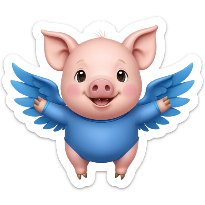 Create a cheerful, realistic cartoon character of a pig with a round body, wearing a blue outfit and small wings, smiling joyfully sticker