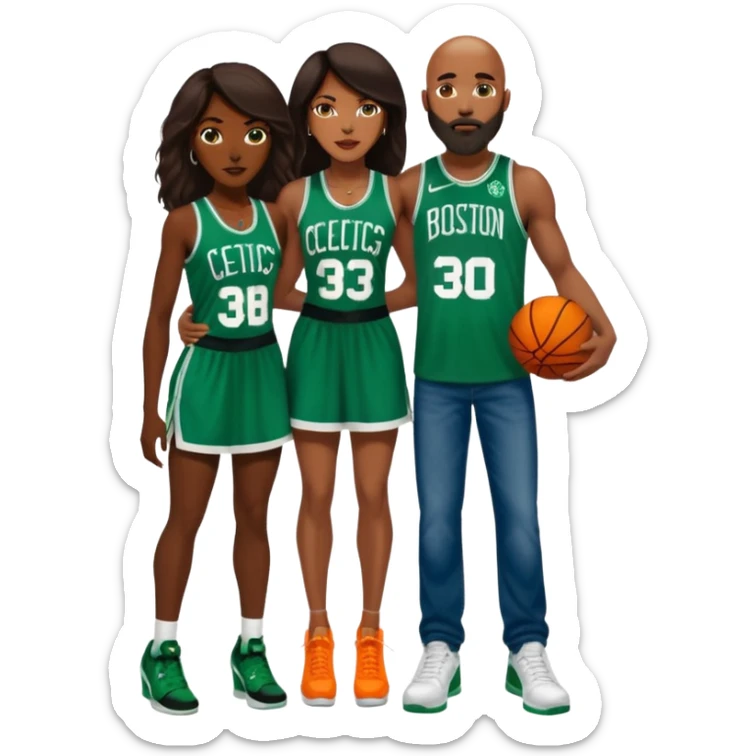 48-year-old dark skin black woman with brown eyes, long dark brown hair dressed in sexy 
celtics jersey dress outfit, wearing stilettos. A Bald White man with orange beard facial hair and has blue eyes, wearing a Jason Tatum Boston Celtics Jersey jeans & green Nike sneakers  sticker