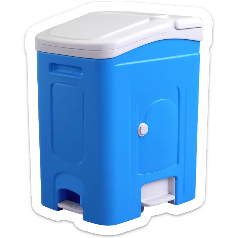 3D style portable toilet (portaloo), blue plastic with white roof, realistic but friendly sticker
