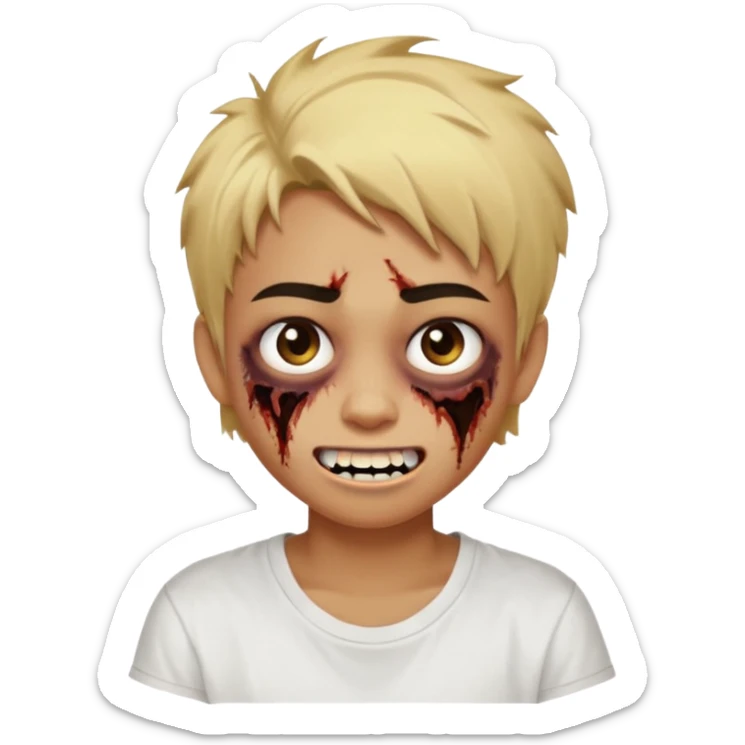 Teenager. Short buzz, messy blonde hair. Dark brown bushy eyebrows large expressive golden-brown eyes, brown skin color, scar over nose, wearing a plain white t-shirt. Crooked grin showing imperfect teeth, one side raised higher than the other, zombie-like smile . brown skin color.  sticker