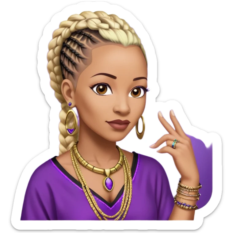 African american 57yr old , dark brown  woman who is 5ft 6in with a blonde and black mohawk of individual braids, with low shaved side haircut,
wearing a purple,  dashiki, with an gold  necklace of Draya inscribed,  wearing big gold bamboo earrings in ears with the name engraved of Draya sticker