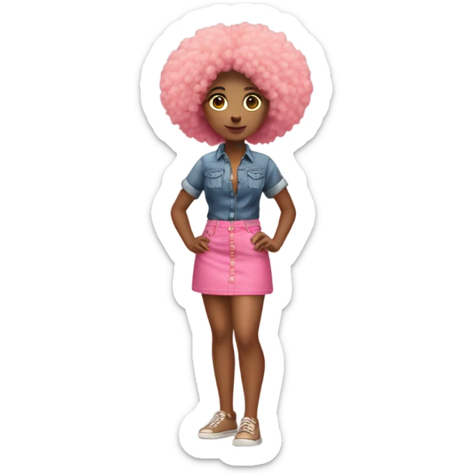 Tan girl with Afro and pink button top and jean skirt full body posing sticker