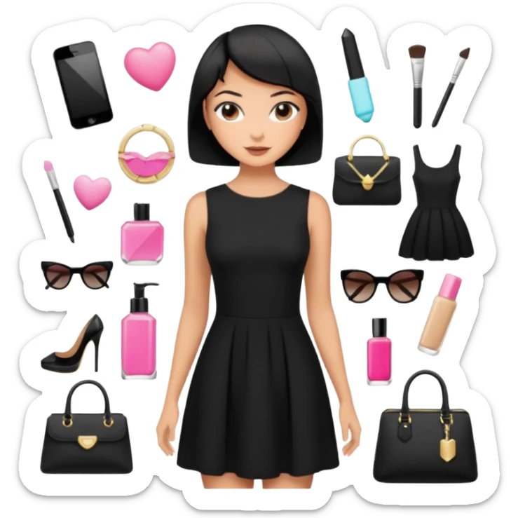black short hair tanned woman, black dress girly things sticker