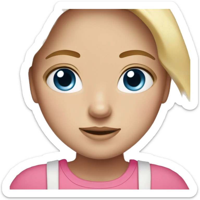 a girl with freckles and blue eyes, blonde hair and dark roots. pink clothes sticker