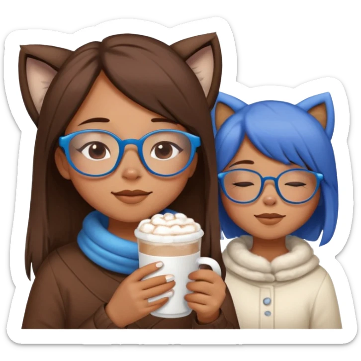 girl with blue glasses and straight brown hair closing her eyes relaxing with a cup of hot chocolate and a furry white malt sticker