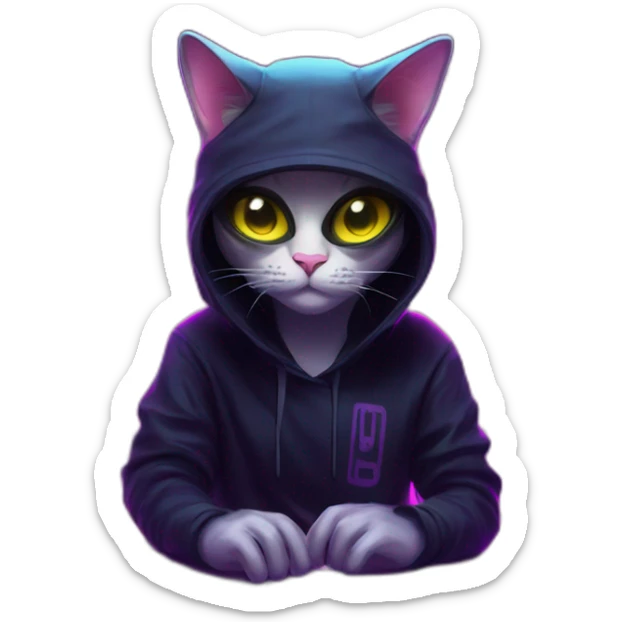 cat wearing a black hoodie with "OMG" letters on it and VR headset in a cyberpunk VR environment with violet neon lighting. sticker