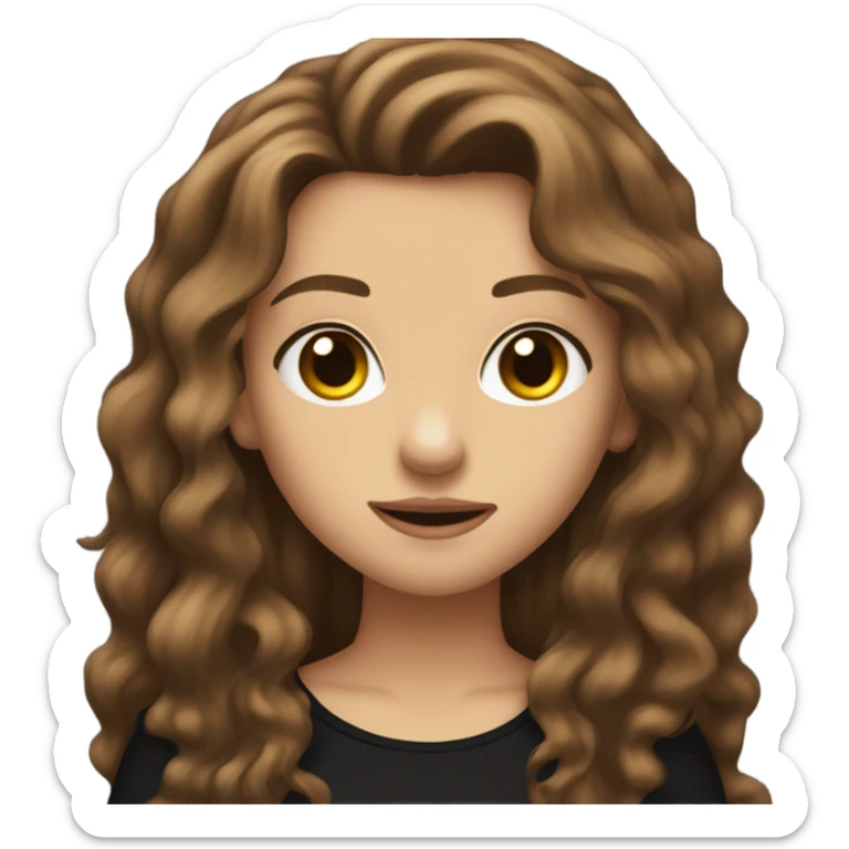 A pretty girl with long, wavy brown hair, black clothes, brown eyes, metalhead sticker