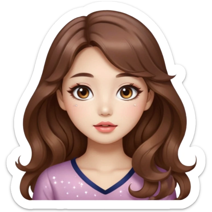 “korean brown hair Emoji girl, soft eyeliner and blush, gradient lips, light brown shimmer eyeshadow, sparkly aegyo-sal, long wavy hair,  sticker