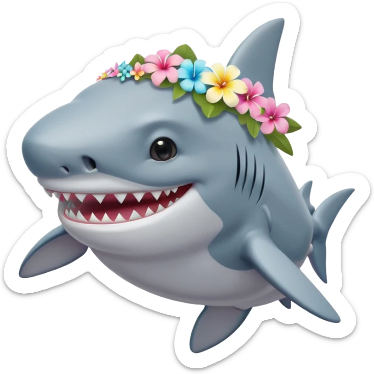 A cute chubby shark with hawaii pastel flower necklace and hawaiian flower crown, posing proudly. sticker