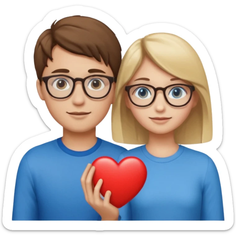 two young lovers, a heart between them, boy with brown hair and glasses, girl blonde with blue eyes, emoji style sticker