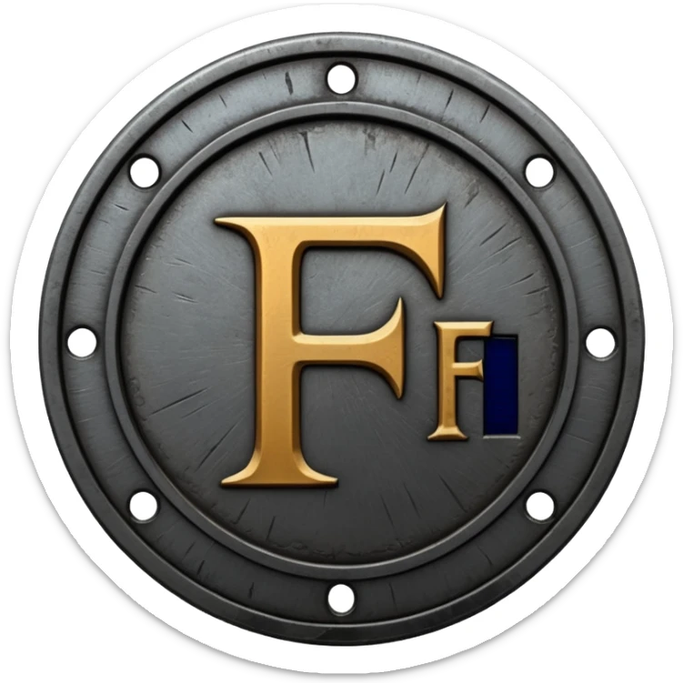 Minimal emoji, gothic metal coin made of black steel, engraved number f at the center, ancient industrial aesthetic, worn metal texture, no glow, no neon, flat emoji design, centered, transparent background sticker