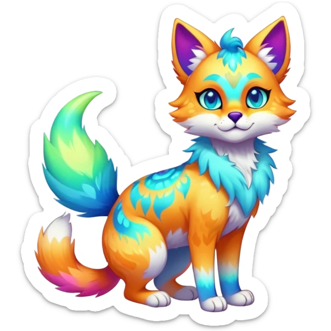 Vibrant multicolored neon-colored Falvie-Fionbri-creature-sparkle-feline-canine-hybrid-fursona, full body, fur pattern-markings sticker