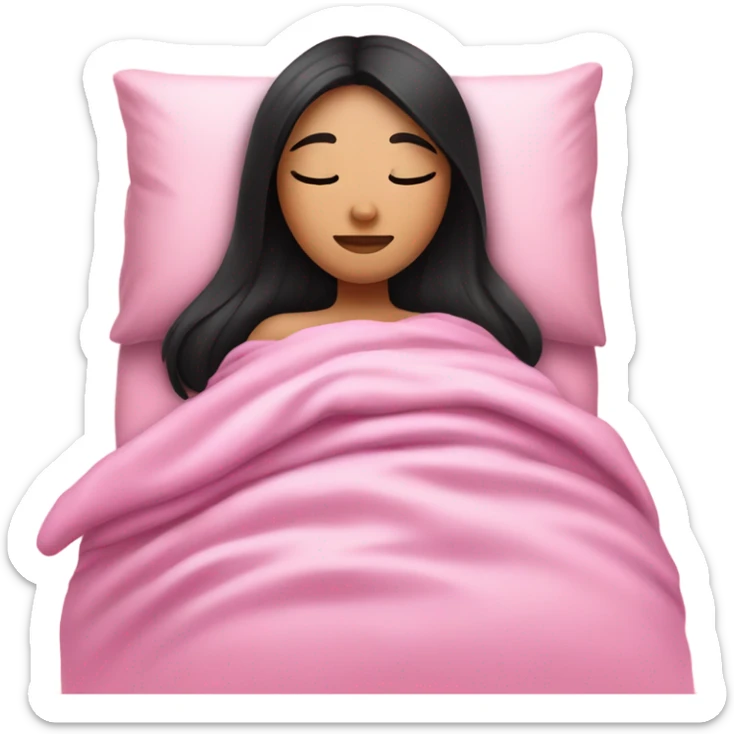 a girl with straight black hair, in the bed sleeping with pink blankets  sticker
