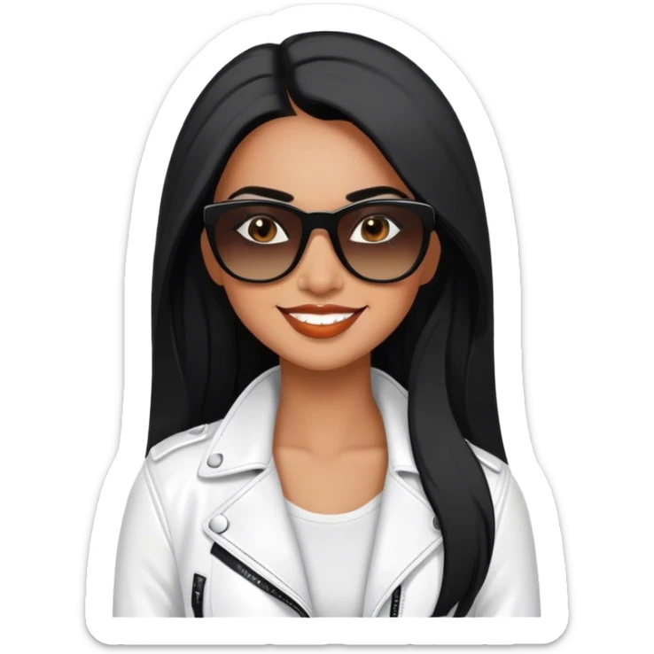 beautiful fit woman, with long straight black hair, with make up, black eye liner, smile mooth close, mexican, brown skin, wearing casual white outfit, wearing leather black jacket, solar wayfarer on the tip of the nose, flirting sticker