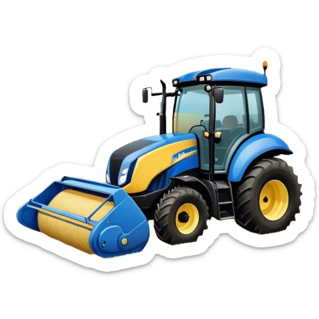 New Holland Roll-Belt 560 (2018) – Cinematic-realistic New Holland Roll-Belt 560 baler, its blue body steadily compressing golden hay into tight, round bales. The rhythmic motion of the machine continues as dust swirls in the afternoon heat, with rows of freshly cut grass stretching toward the horizon. sticker