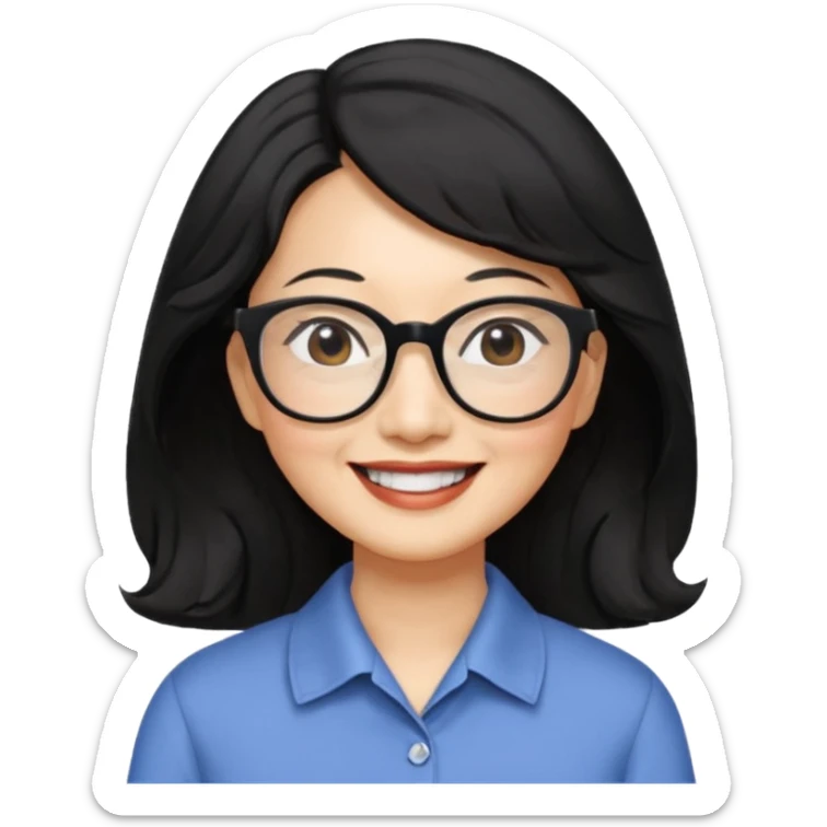60 yr old asian woman, wavy thick black hair past shoulder length, side part, side swept bang, big smile, collared shirt, long hair, glasses sticker