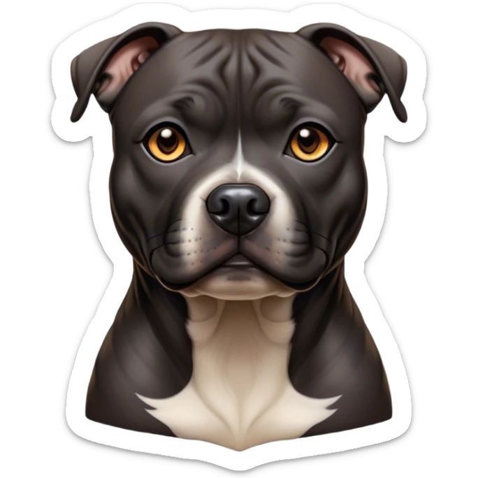 Cinematic Noble Black/Brindle Staffordshire Bull Terrier Portrait Emoji, Poised and regal, with a compact, muscular build and a sleek, well-groomed Fur featuring a striking mix of black and brindle patterns, deep-set soulful dark eyes, Simplified yet sharp and sophisticated features, highly detailed, glowing with a soft, dignified glow, high shine, intelligent and loyal, stylized with an air of strength, focused and attentive, soft glowing outline, capturing the essence of a watchful and confident guardian, so majestic it feels as though it could stride out of the screen with effortless authority! sticker