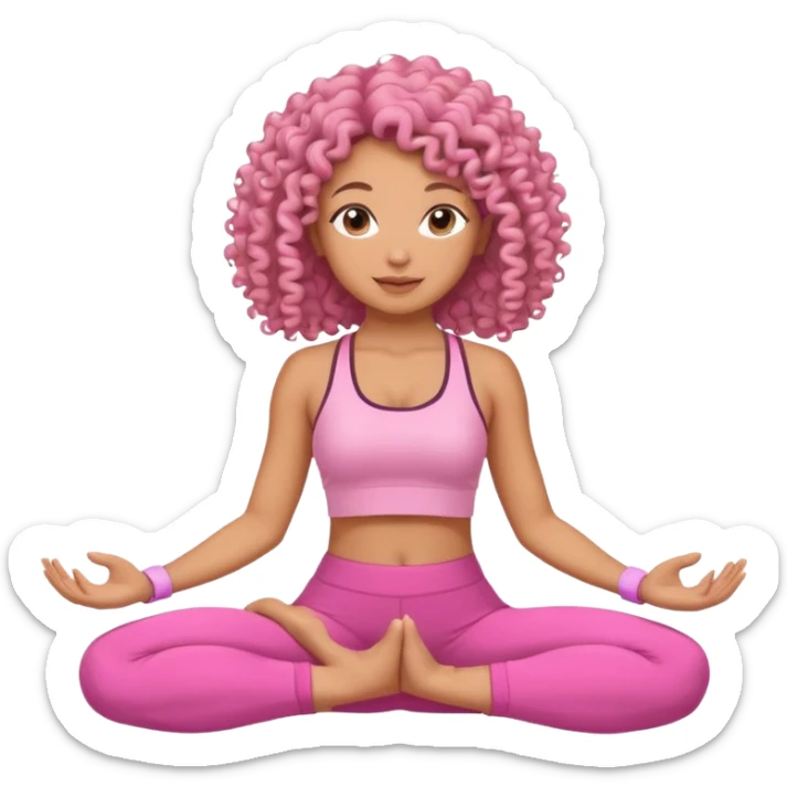 Uma mulher de cabelo cacheado, usando roupa de yoga rosa, em uma posição de yoga bonitinha sticker