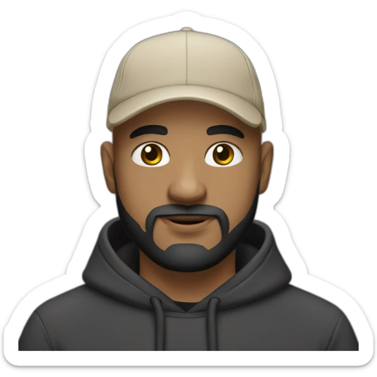 bald man with black (short) beard and no glasses in a black hoodie wearing a light beige cap sticker