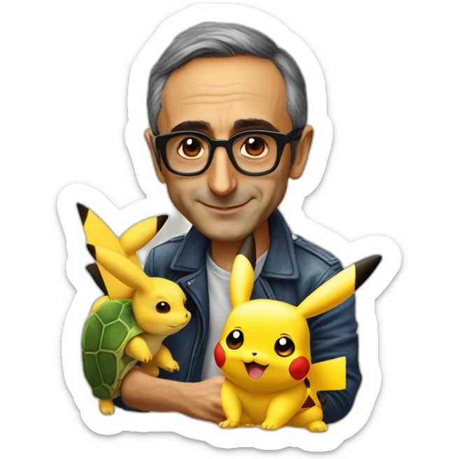 Eric Zemmour avec des lunettes de soleil sur une tortue géante et un Pikachu sticker
