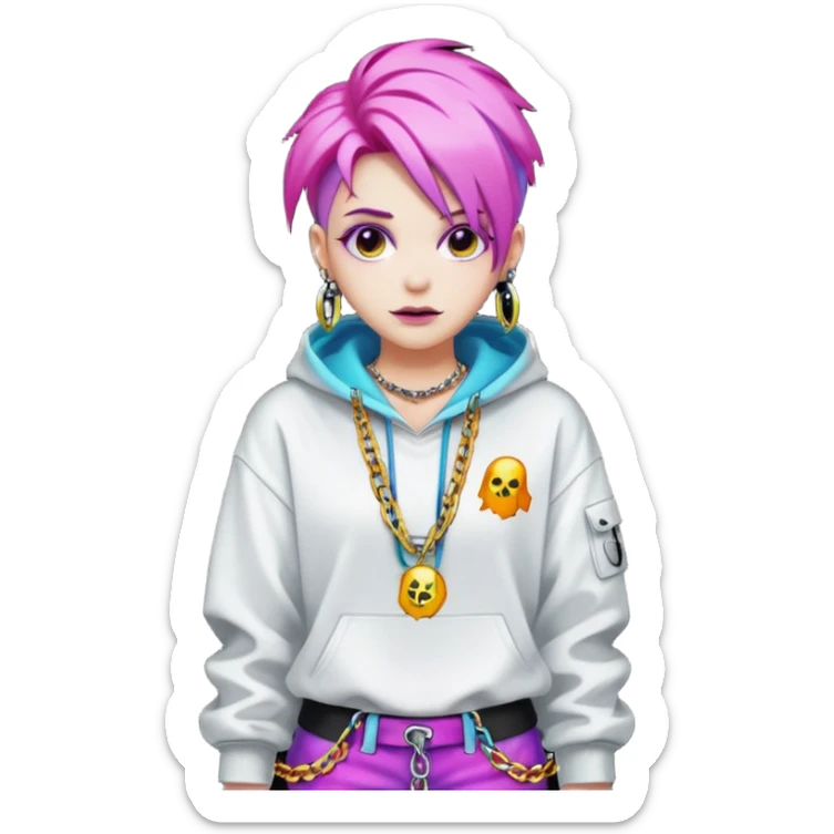  ghost-portrait-of-in-kpop-style,-wearing-flashy-streetwear-outfit,-colorful-dyed-hair,-confident-pose,-accessorized-with-chains- sticker
