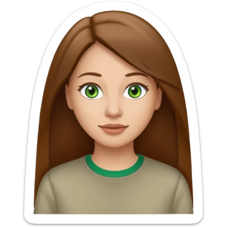 Adult woman avatar, light skin tone, oval face, straight long brown hair, green eyes, neutral mouth, casual  sticker
