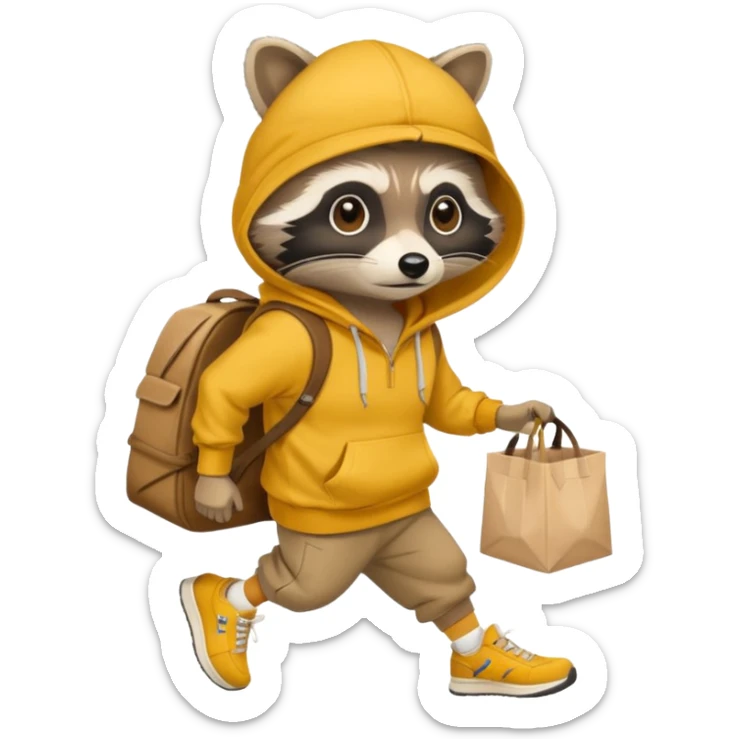 Crear ub mapache que sea solo dibujado con sudadera color mostaza y zapatillas + gorra que esté robando un Pancho con packaging que diga Rocco sticker