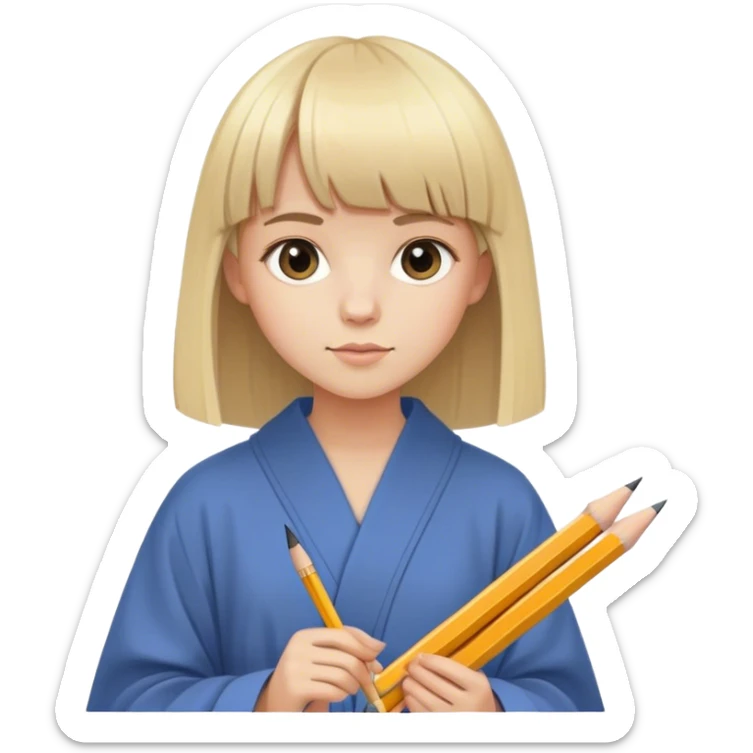 young very happy artist with straight blonde hair and bangs, with pencil ad paper and modern robe sticker
