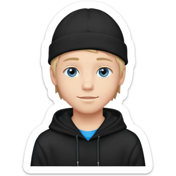 handsome and young teen pinterest boy good at fashion. popular among 'that brat girl', wearing hoodie (no blue) and beanie with blue eye  and little smile  sticker