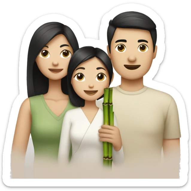 Asian with white skin and black hair: mom,dad,and daughter holding bamboo sticker