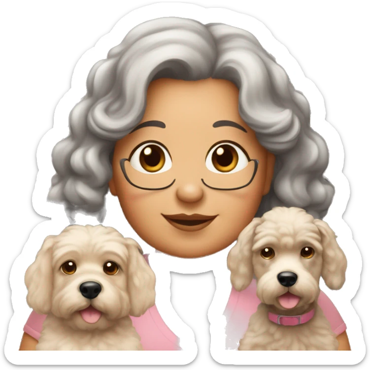 50 year old chubby woman with 03 dogs being a black poodle, a big ear caramel and a baby shorthair caramel sticker