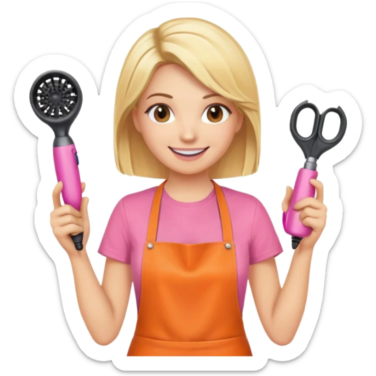 smiling blonde woman hairstylist wearing pink t-shirt and orange apron, hands raised, holding scissors and hairdryer sticker