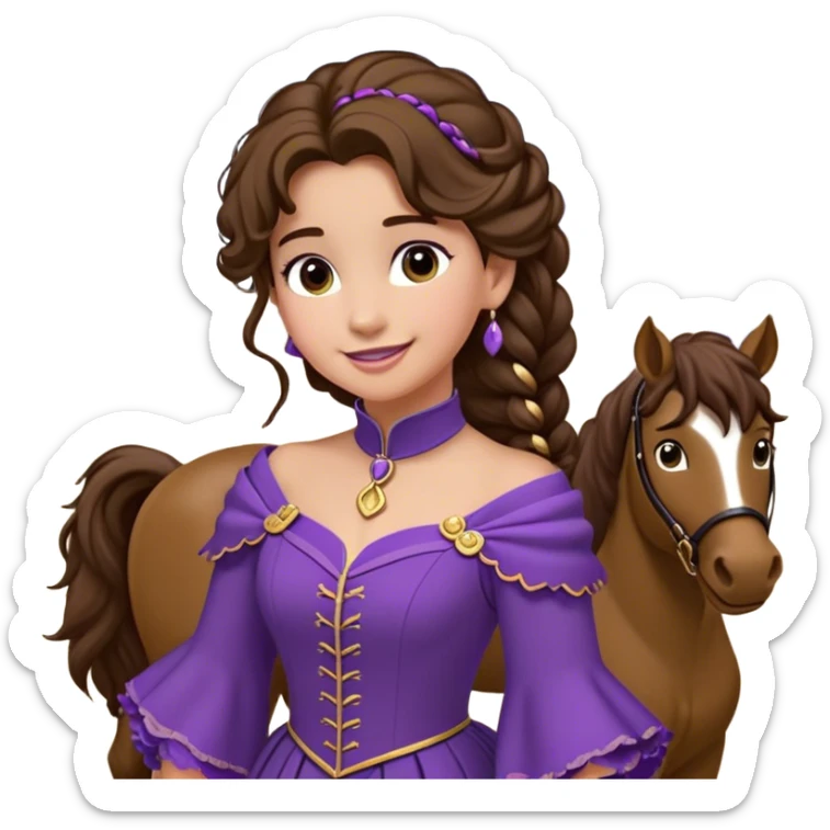 Jeune femme avec de longs cheveux bruns attachés en une haute queue-de-cheval bouclée, portant une robe violette moulante avec des broches dorées sur les bretelles, regard en coin et sourire malicieux, style animation Disney sticker