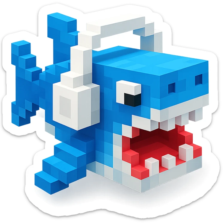 voxel style shark with white headphones, open mouth, blocky, blue and silver, no background sticker