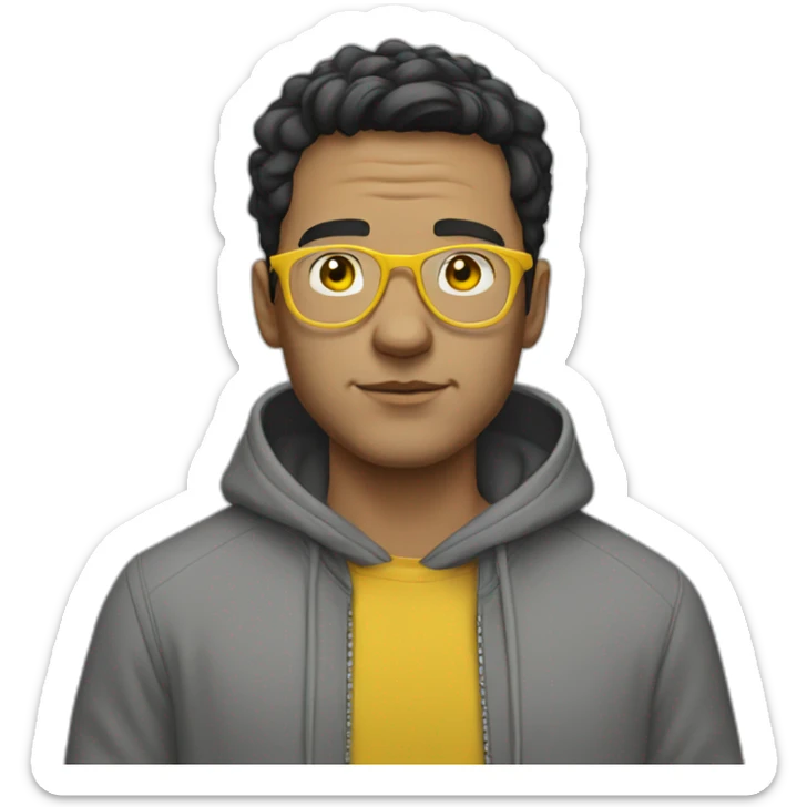 White man with yellow tinted glasses and black hair in a gray hoodie sticker