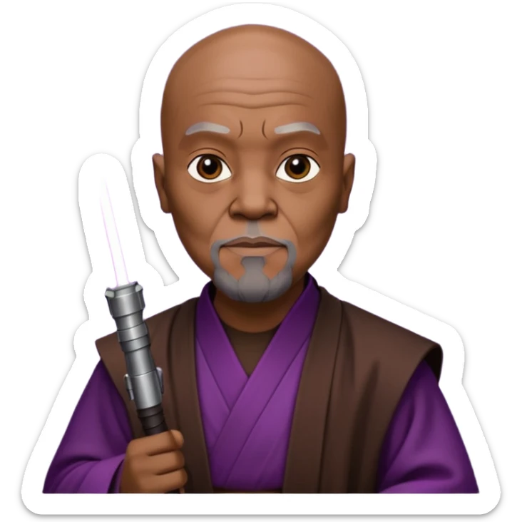 star wars master windu bald head, no facial hair, brown jedi outfit with purple lightsaber sticker