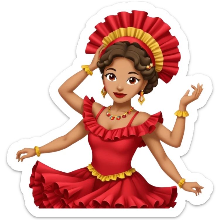 Female Colombian salsa dancer with ruffle dress, traditional Colombian headpiece, mid-dance move sticker
